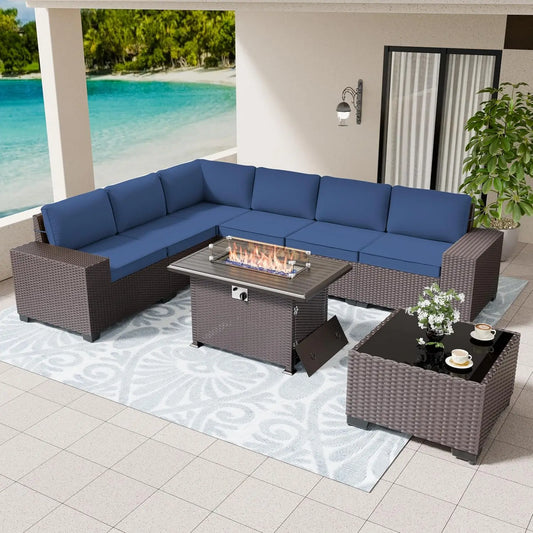 Patio Furniture Set Sofa 7-pcs Wicker Sectional Sofa Set ,Outdoor Furniture Sets Rattan with Tempered Glass Coffee Table