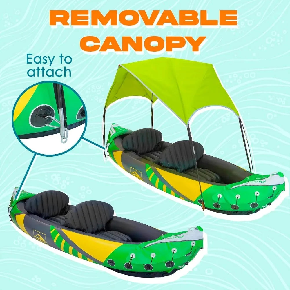 2 Person Inflatable Kayak with Exclusive Sun Canopy (Detachable) + Kayaks for Adults + 3rd Seat for Dog/Child