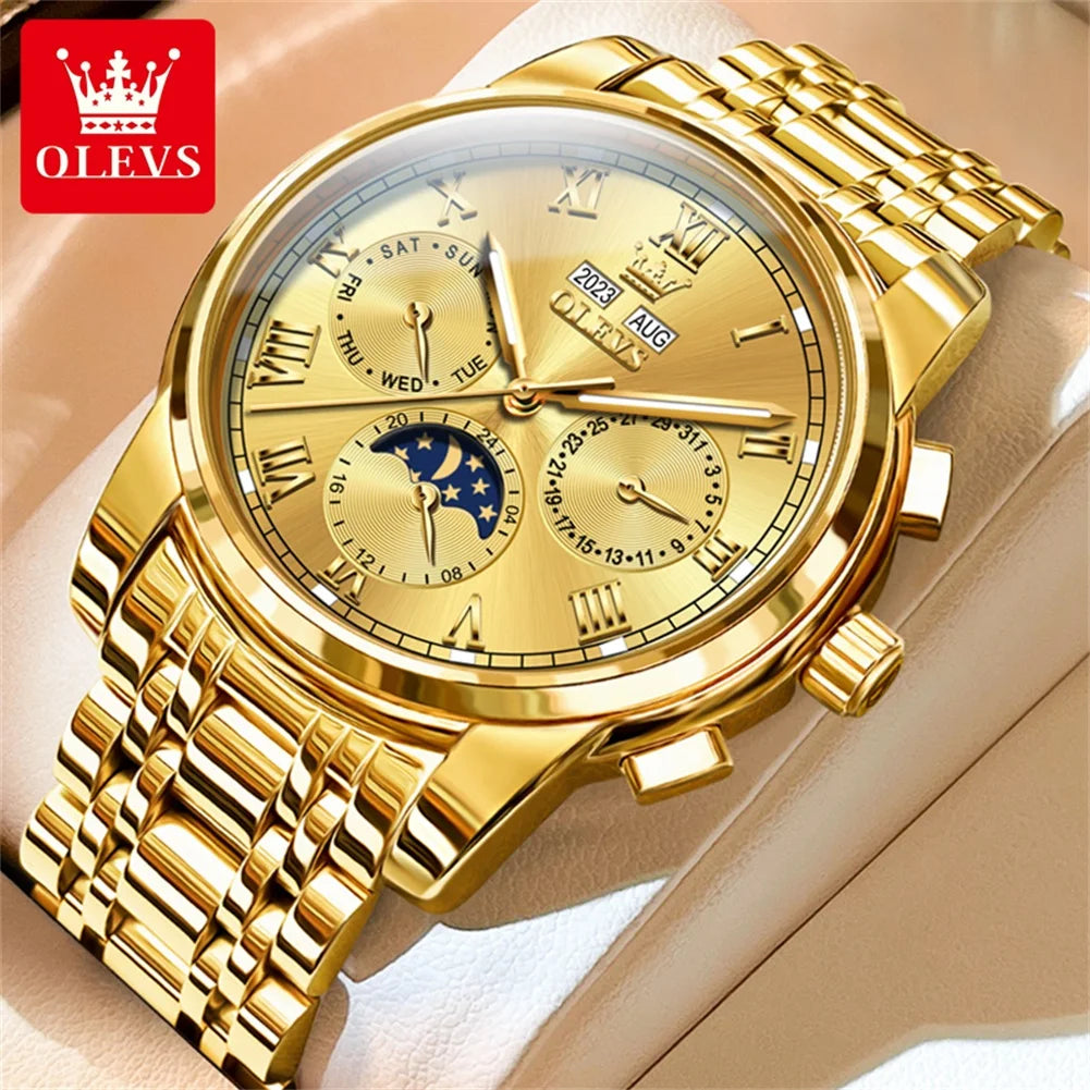 Automatic Mechanical Watch for Men Luxury Brand Multifunctional Chronograph Date Calendar Waterproof Moon Phase Watch