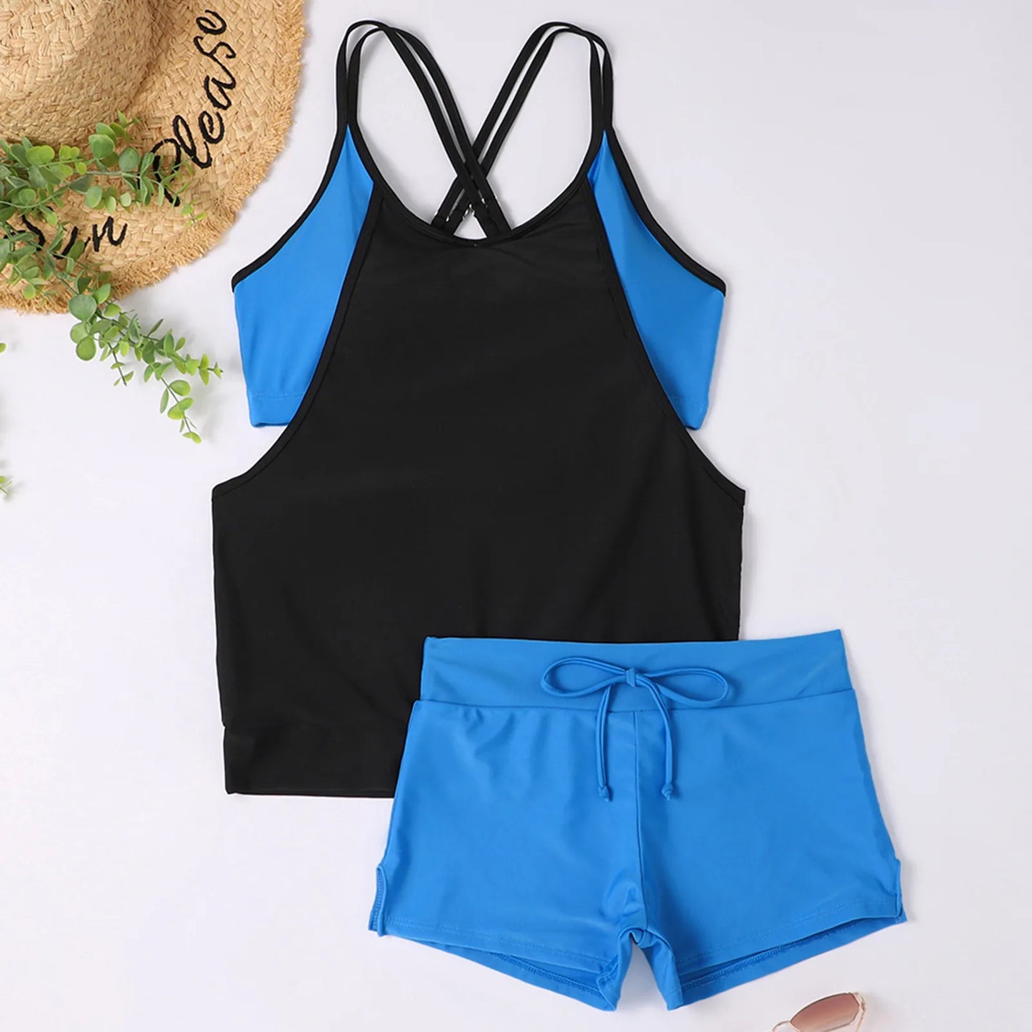 Two Piece Swimsuit For Women Patchwork Tank Top With Shorts Sexy Brazilian Bathing Suit