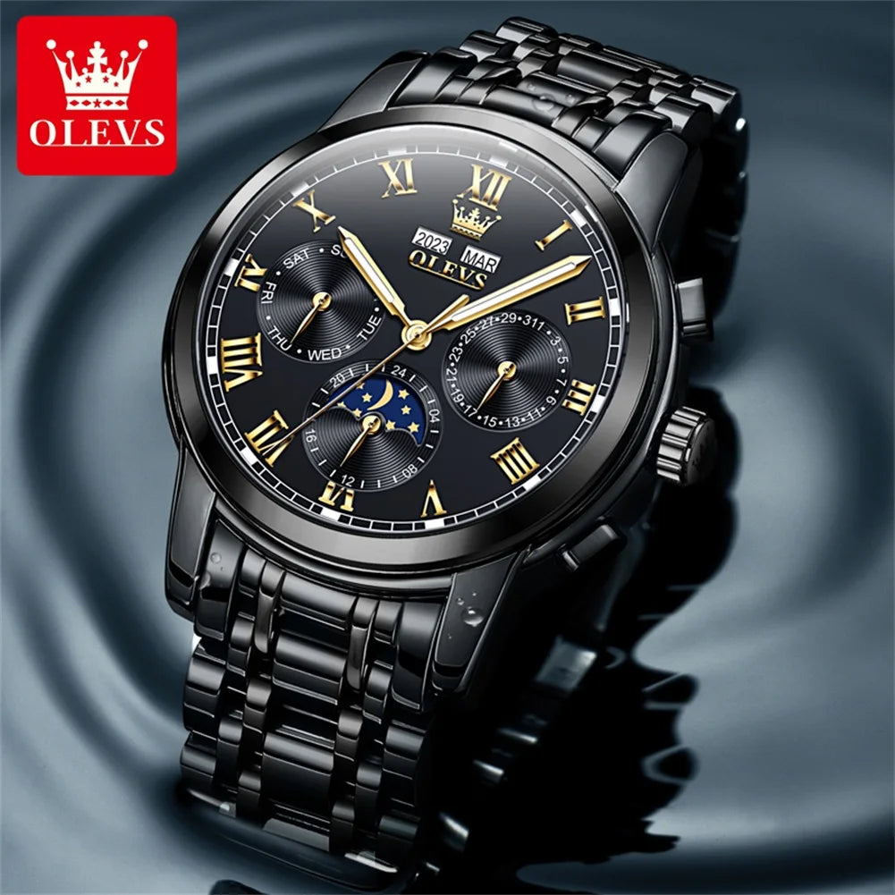 Automatic Mechanical Watch for Men Luxury Brand Multifunctional Chronograph Date Calendar Waterproof Moon Phase Watch