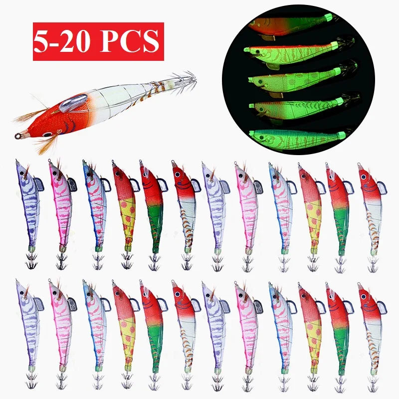 20pcs Luminous Wood Shrimp Simulation Fake Crankbait Fishing Lures Artificial Bait Luminous Bait Squid Hook Wood Shrimp Lures