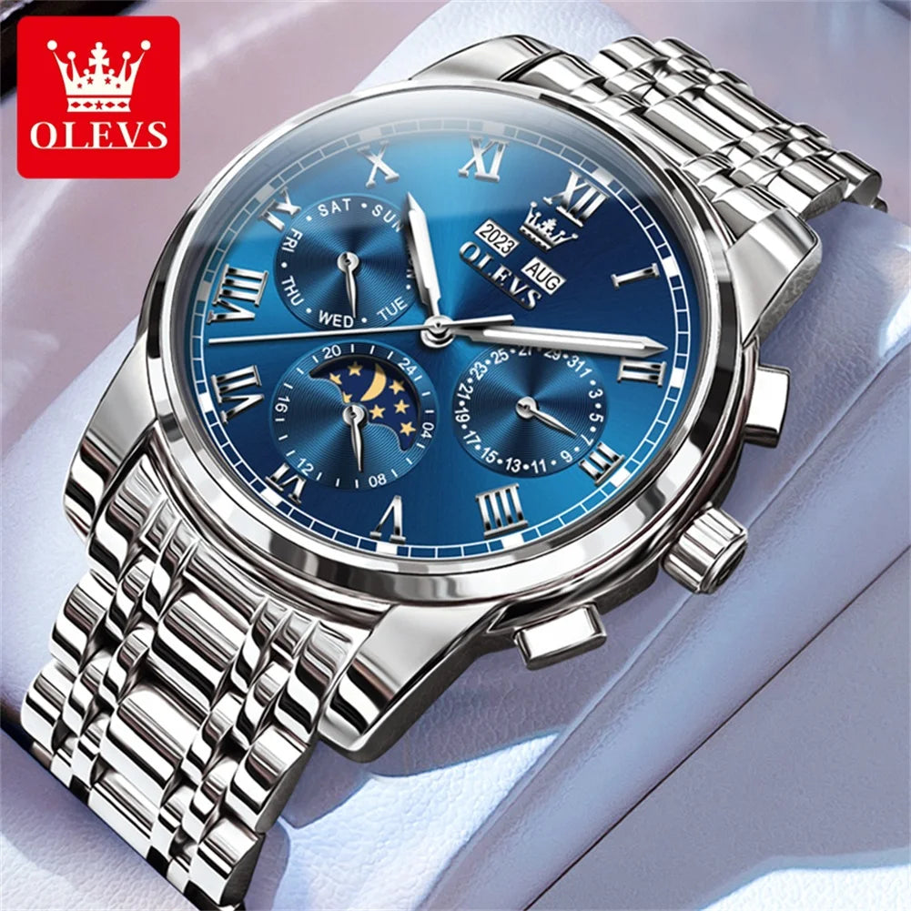 Automatic Mechanical Watch for Men Luxury Brand Multifunctional Chronograph Date Calendar Waterproof Moon Phase Watch