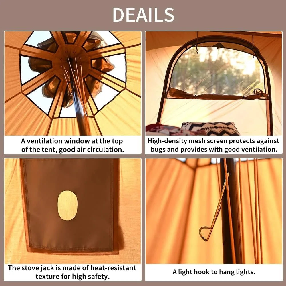 Canvas Tent Bell Tent 16.4ft*High9.2ft with Stove Jack for Family Camping Zipped Removable Floor