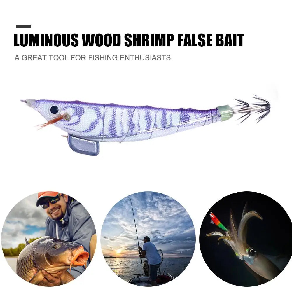 20pcs Luminous Wood Shrimp Simulation Fake Crankbait Fishing Lures Artificial Bait Luminous Bait Squid Hook Wood Shrimp Lures