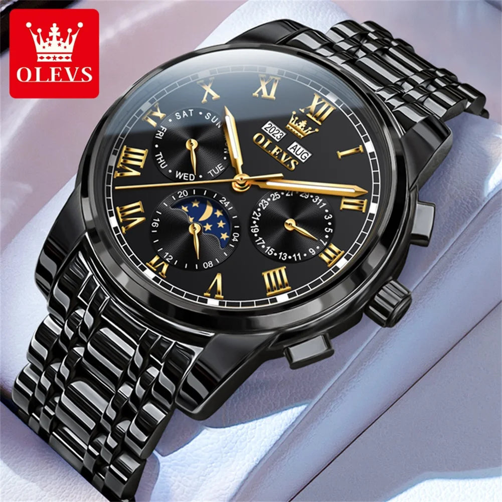 Automatic Mechanical Watch for Men Luxury Brand Multifunctional Chronograph Date Calendar Waterproof Moon Phase Watch