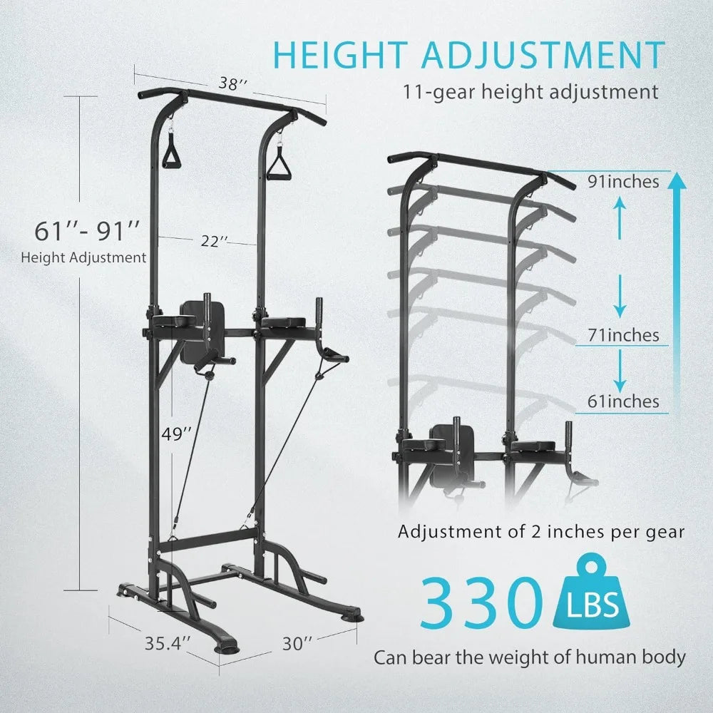 Height Adjustable Multi-Function Power Tower with Backrest Workout Dip Station Pull Up Bar Stand Fitness Strength