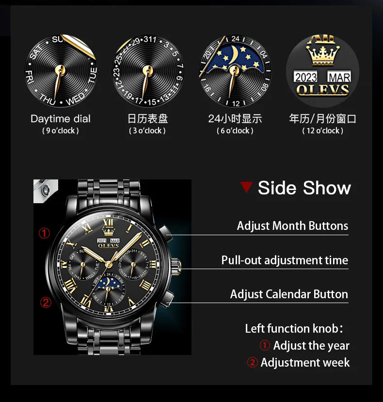 Automatic Mechanical Watch for Men Luxury Brand Multifunctional Chronograph Date Calendar Waterproof Moon Phase Watch