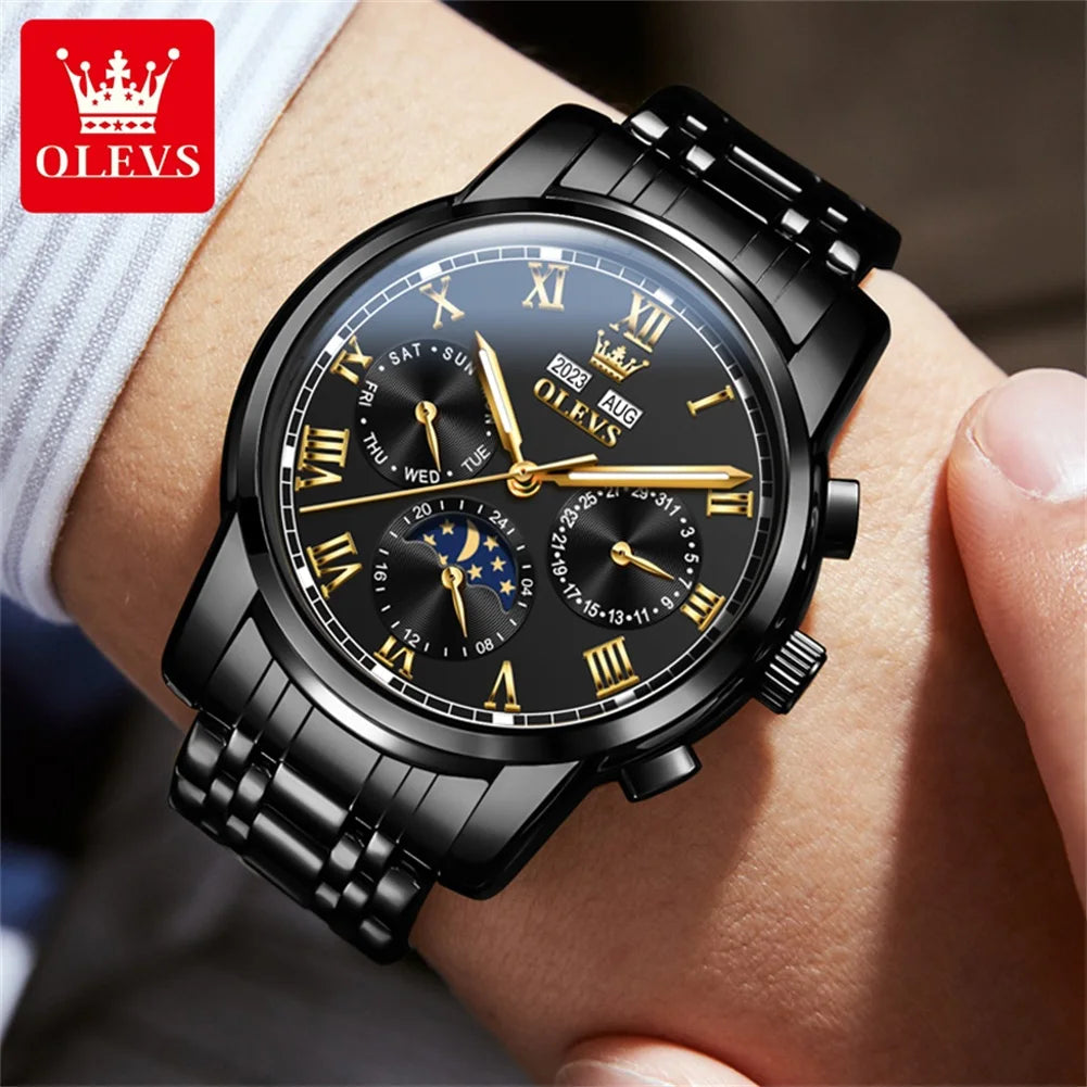 Automatic Mechanical Watch for Men Luxury Brand Multifunctional Chronograph Date Calendar Waterproof Moon Phase Watch