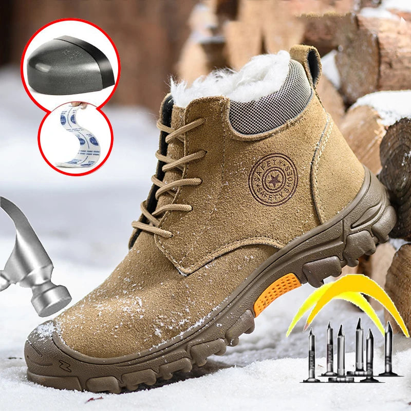 Men's High Top Cotton Boots Winter Thick Velvet Warm Safety Shoes Anti Smashing Anti Piercing Work Safety Boot Steel Toe Shoe