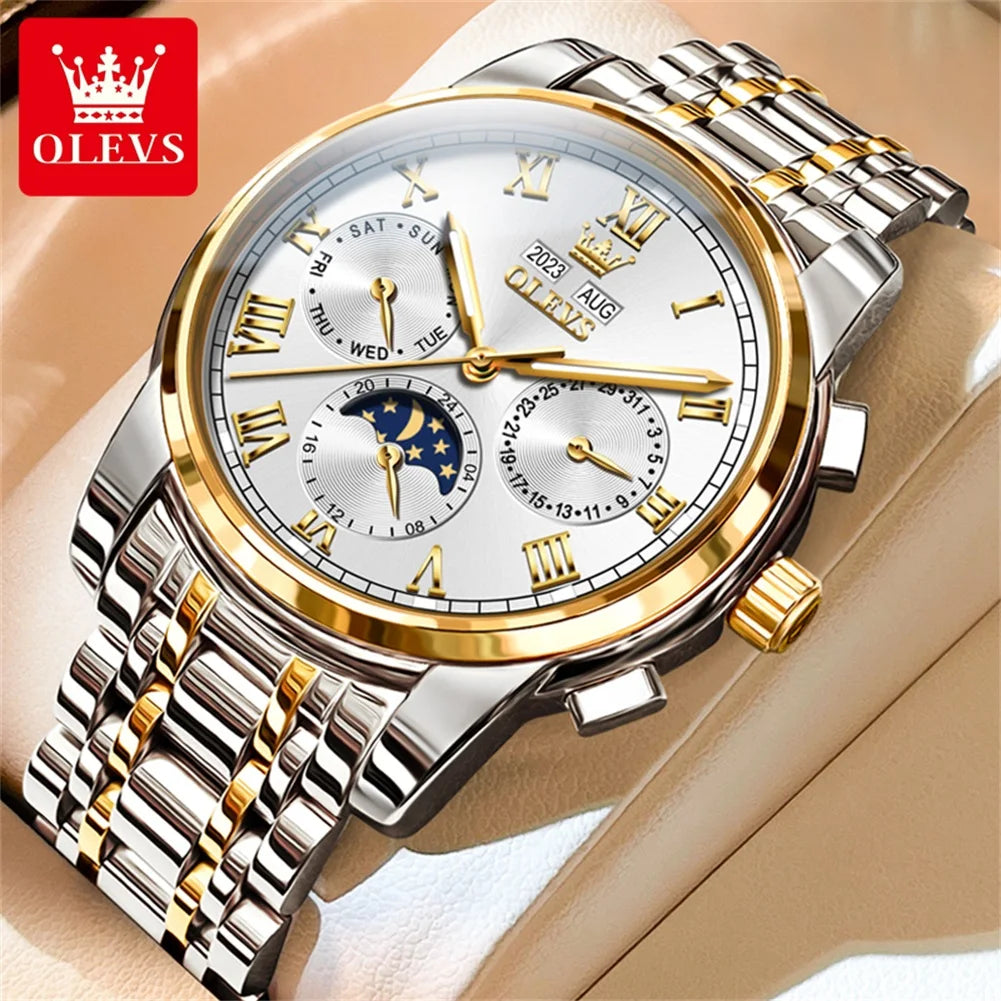 Automatic Mechanical Watch for Men Luxury Brand Multifunctional Chronograph Date Calendar Waterproof Moon Phase Watch