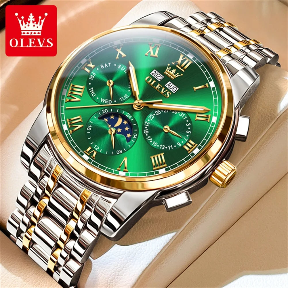 Automatic Mechanical Watch for Men Luxury Brand Multifunctional Chronograph Date Calendar Waterproof Moon Phase Watch