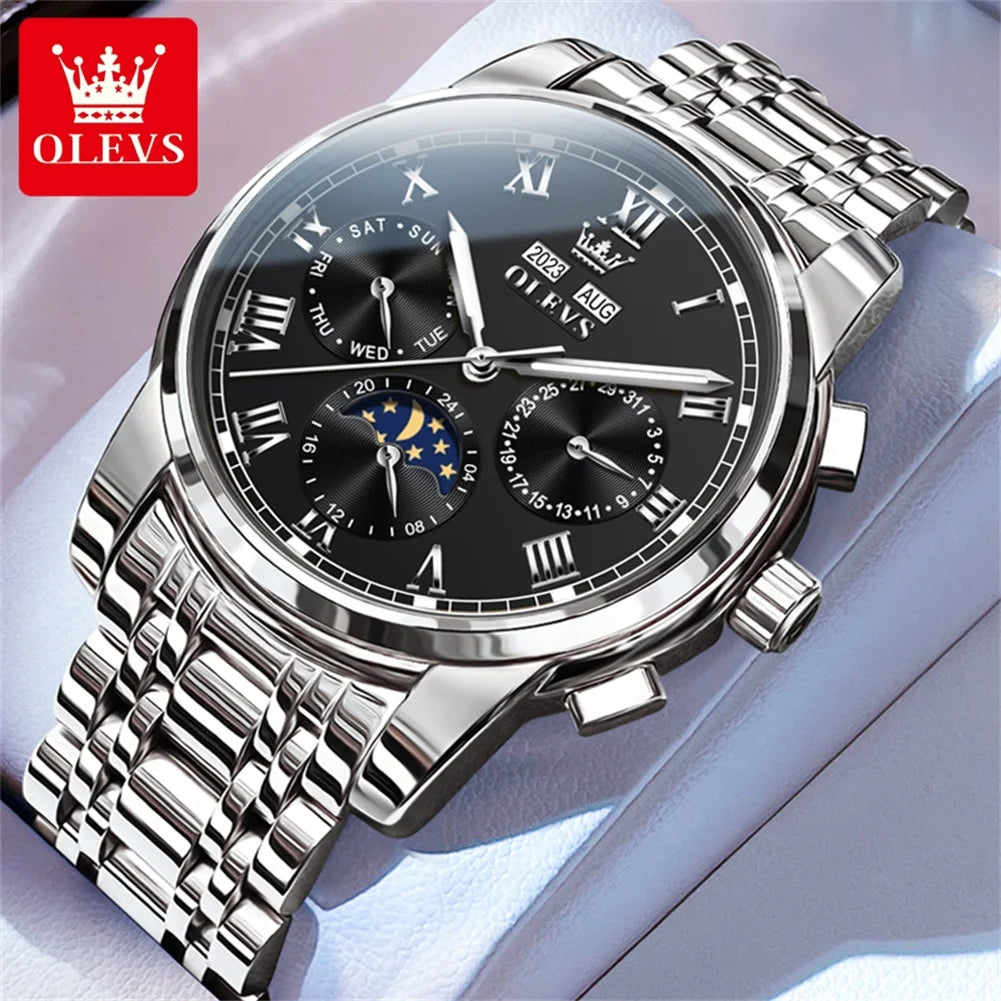 Automatic Mechanical Watch for Men Luxury Brand Multifunctional Chronograph Date Calendar Waterproof Moon Phase Watch