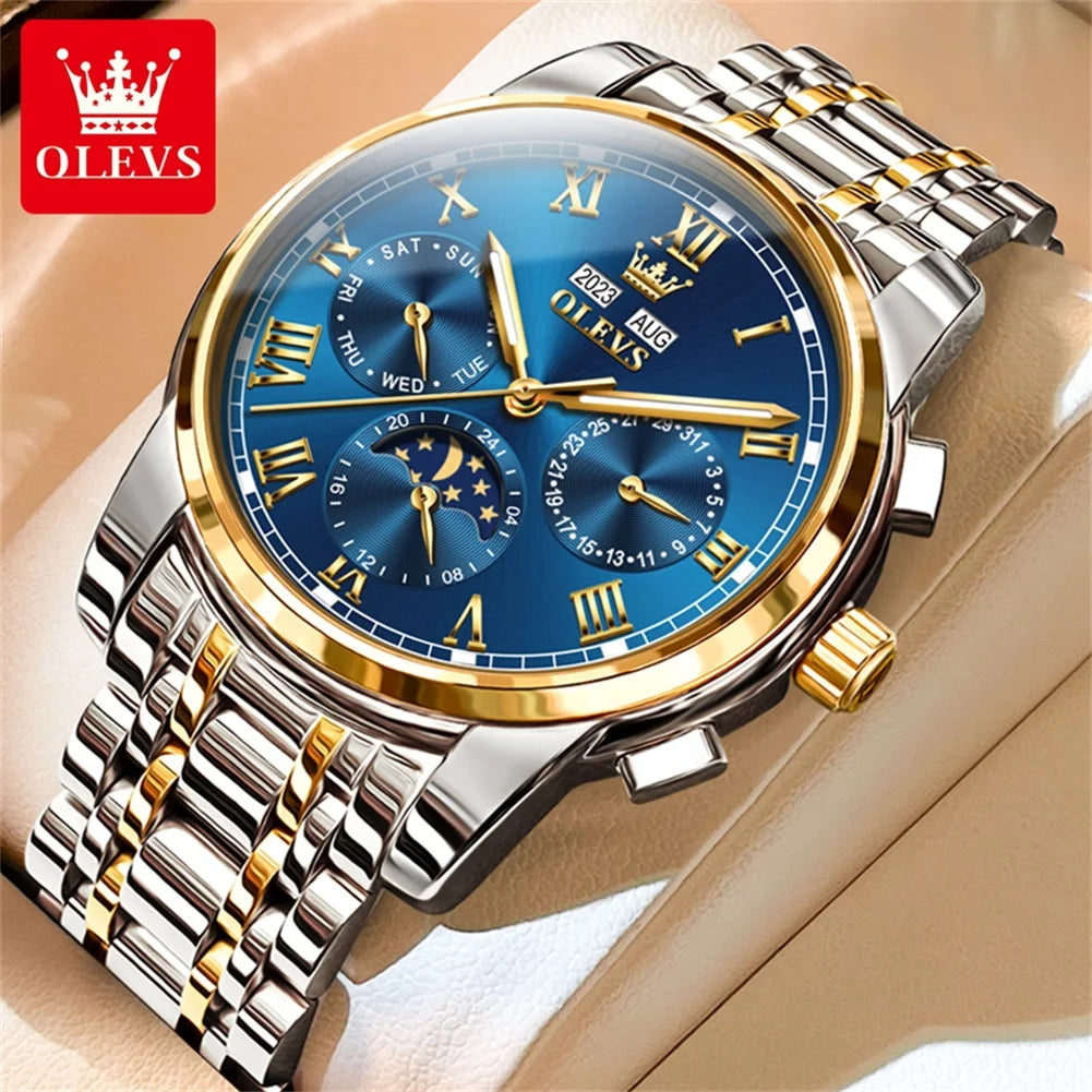 Automatic Mechanical Watch for Men Luxury Brand Multifunctional Chronograph Date Calendar Waterproof Moon Phase Watch