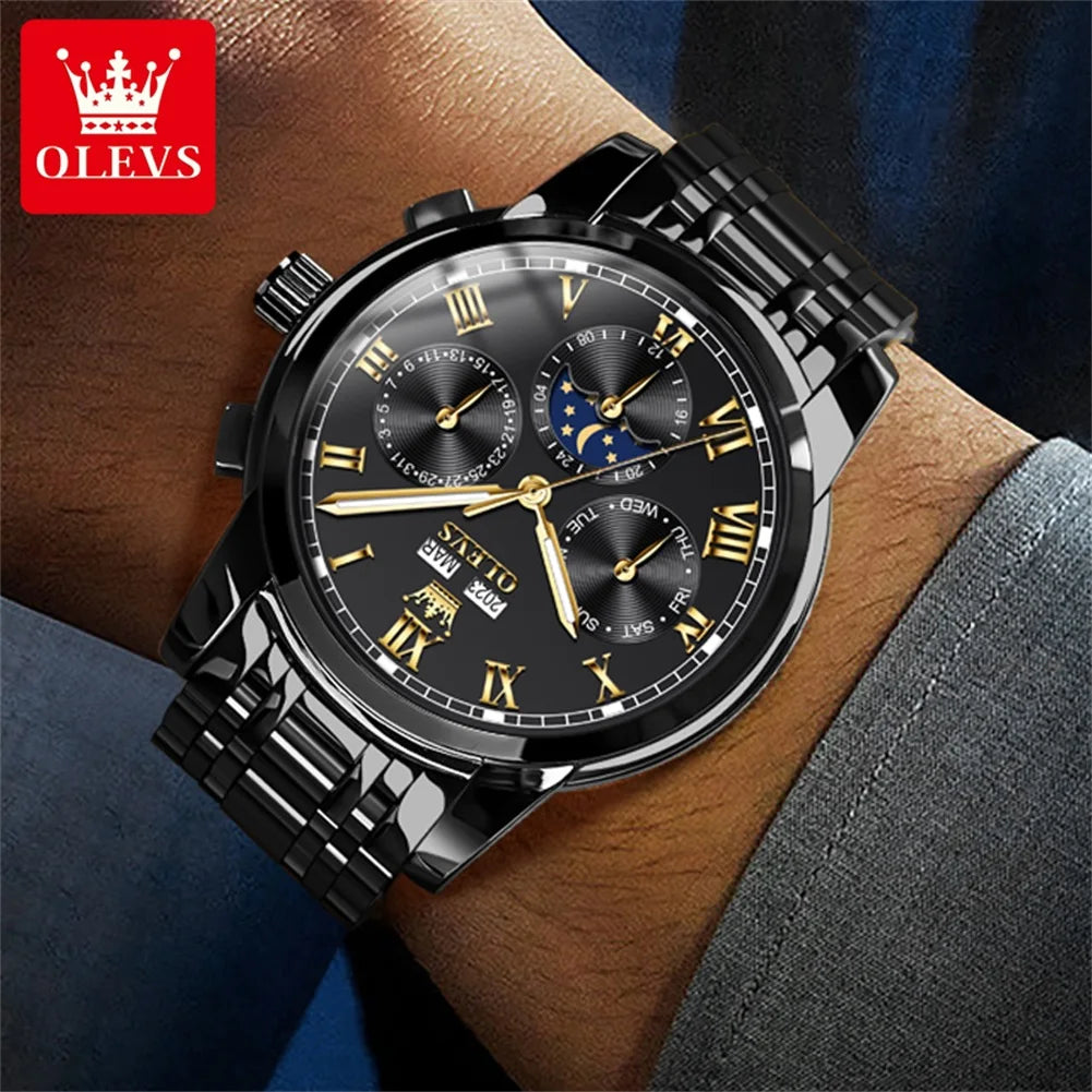 Automatic Mechanical Watch for Men Luxury Brand Multifunctional Chronograph Date Calendar Waterproof Moon Phase Watch